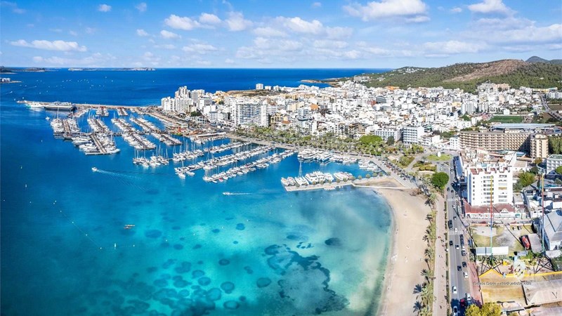 aerial antoni antonio azure balearic beach blue boat cala city coast coastal coastline destination drone emerald europa