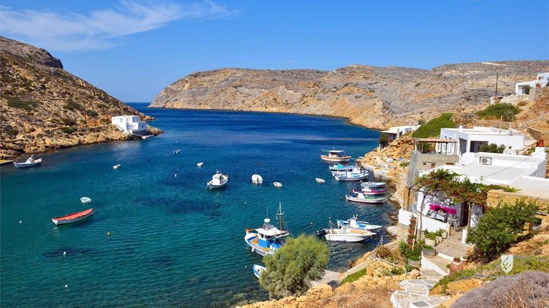 heronissos sifnos bay greece cheronissos boat sea beach port stunning panorama view island greek scenic green european