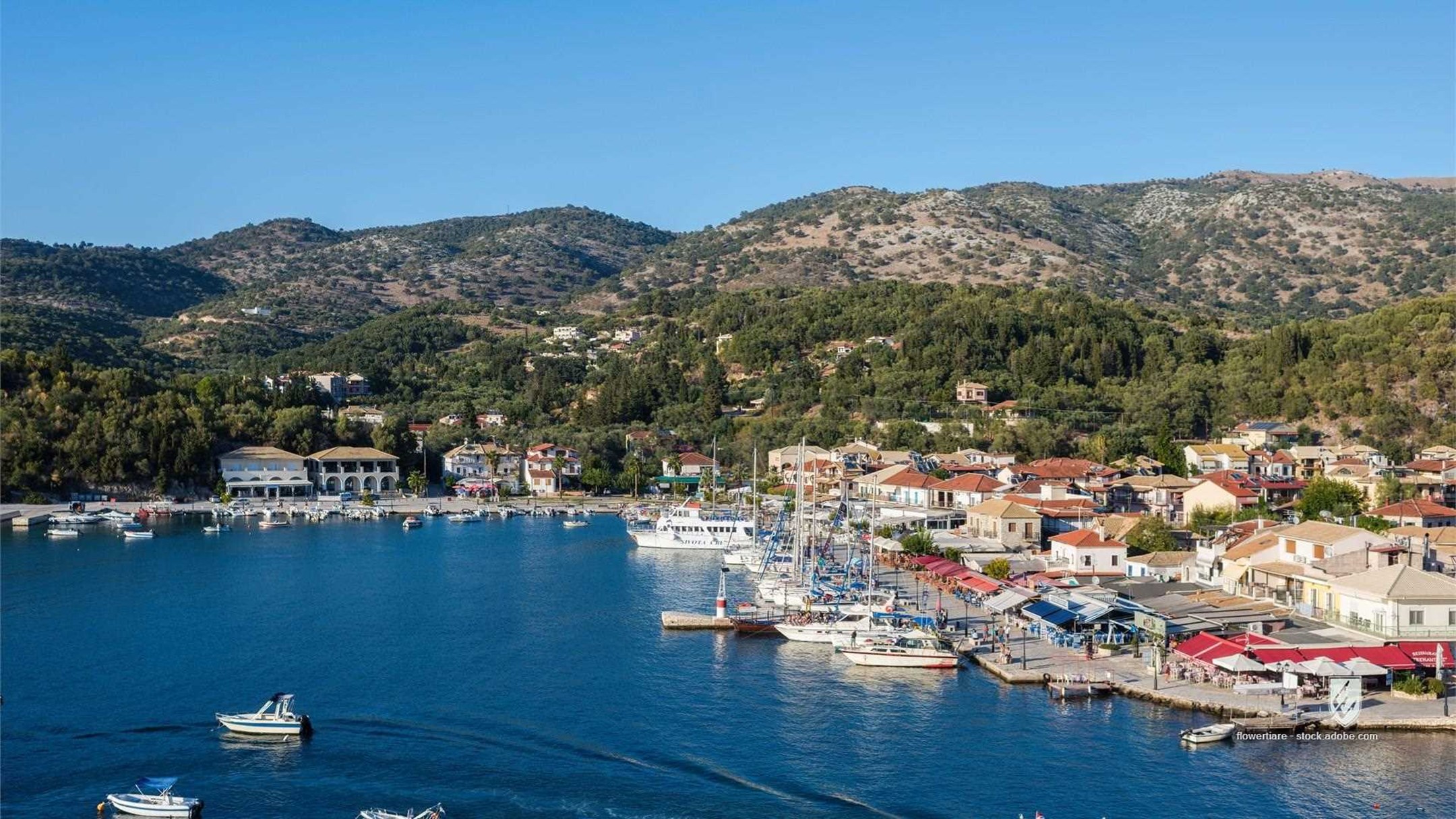 panorama center town sivota greece panoramic syvota igoumenitsa ionian sea travel summer port beach coast boat mediterra