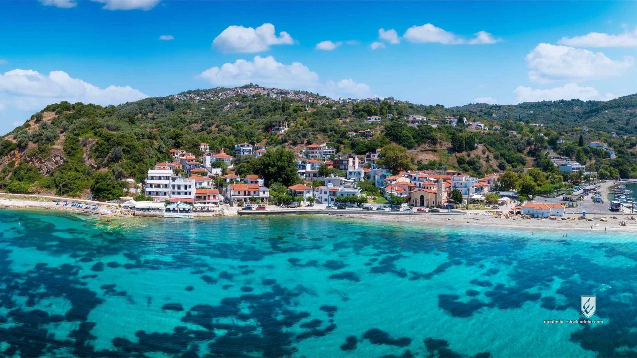 skopelos island greece village harbour loutraki town marina travel tourism sporades aegean aerial architecture bay beach