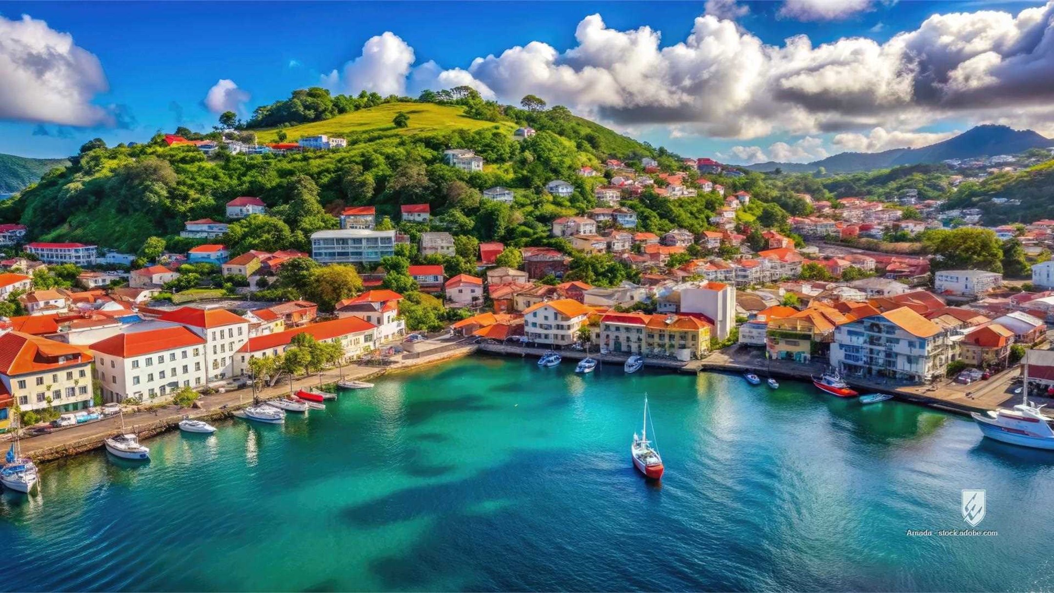 St. George's, Grenada, aerial view, tropical landscape, harbor, coastline, sea, island, paradise, travel, tourism, vacat